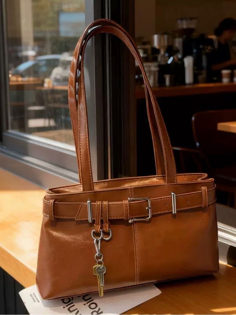 Classic Brown Leather Tote Bag with Belt Detail